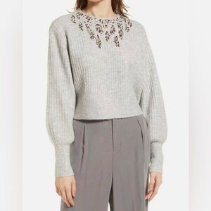 NWOT Open Edit Embellished Ribbed Sweater Size Small Gray